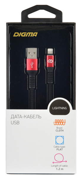 Кабель Digma LIGHT-1.2M-FLAT-BLK USB (m)-Lightning (m) 1.2м черный/красный плоский