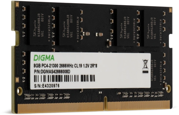 Память DDR4 8Gb 2666MHz Digma DGMAS42666008D RTL PC4-21300 CL19 SO-DIMM 260-pin 1.2В dual rank Ret