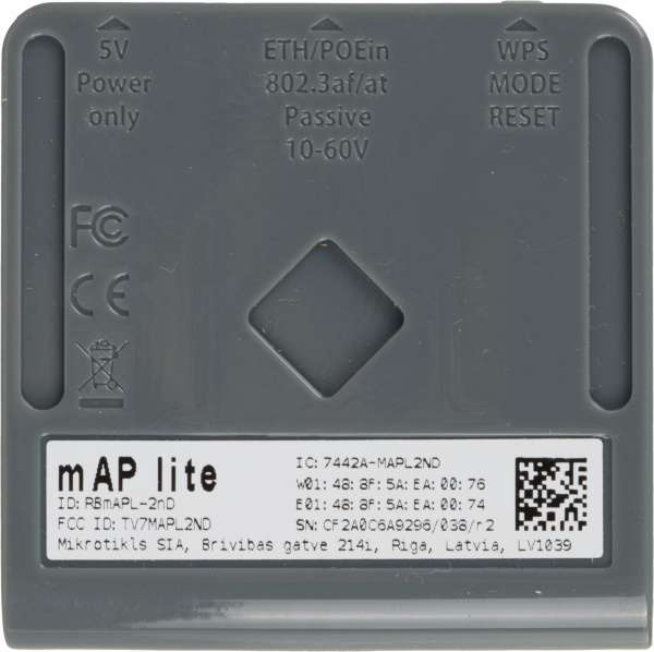 Точка доступа MikroTik mAP lite (RBMAPL-2ND) N300 10/100BASE-TX белый