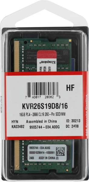 Память DDR4 16Gb 2666MHz Kingston KVR26S19D8/16 VALUERAM RTL PC4-21300 CL19 SO-DIMM 260-pin 1.2В dual rank Ret