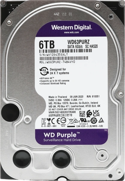 Жесткий диск WD SATA-III 6TB WD63PURZ Surveillance Purple (5640rpm) 256Mb 3.5"