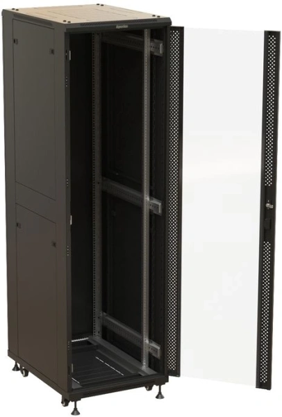 Шкаф серверный Hyperline TTBR-4268-AS-RAL9004 напольный 42U 600x800мм пер.дв.стекл задн.дв.перфор. 4 бок.пан. 1000кг черный 710мм 117.1кг 2055мм IP20 сталь