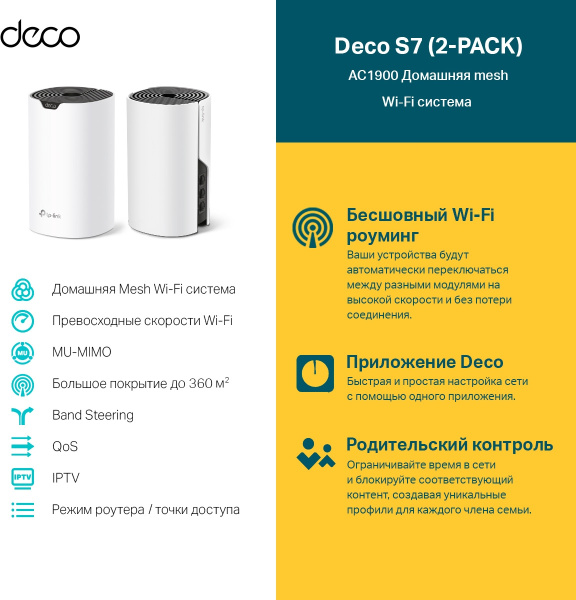 Бесшовный Mesh роутер TP-Link Deco S7(2-pack) AC1900 10/100/1000BASE-TX