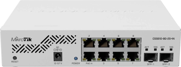 Коммутатор MikroTik CSS610-8G-2S+IN (L2) 8x1Гбит/с 2x10Гбит/с 2SFP+ 1PoE управляемый