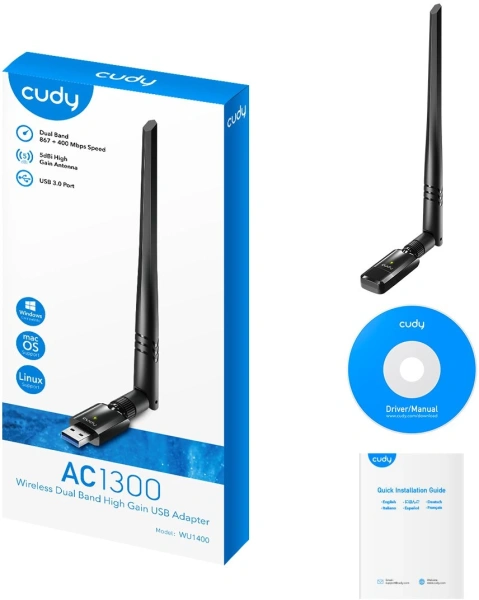 Сетевой адаптер Wi-Fi Cudy WU1400 AC1300 USB 3.0 (ант.внеш.несъем.) 1ант.