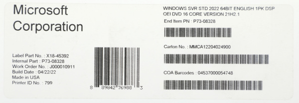 Операционная система Microsoft Windows Svr Std 2022 64Bit Eng 1pk DSP OEI DVD 16 Core (P73-08328)