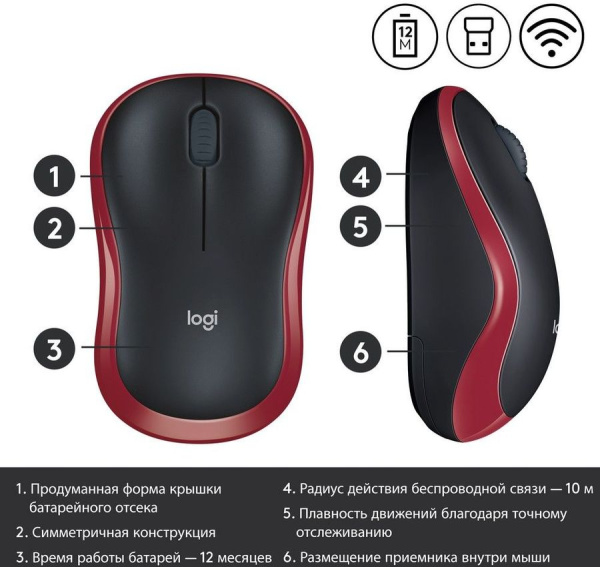 Мышь Logitech M185 черный/красный оптическая 1000dpi беспров. USB1.1 для ноутбука 2but (910-002633)