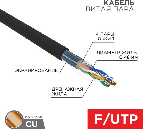 Кабель информационный PROconnect 01-0154 кат.5E F/UTP 4X2X24AWG PE внешний 305м черный