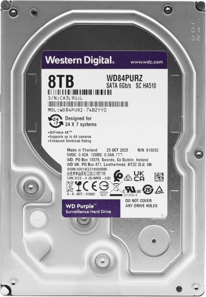 Жесткий диск WD SATA-III 8Tb WD84PURZ Surveillance Purple (5640rpm) 128Mb 3.5"