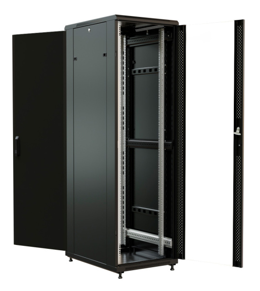 Шкаф серверный WRline (WR-TT-4268-AS-RAL9004) напольный 42U 600x800мм пер.дв.стекл задн.дв.стал.лист 2 бок.пан. 800кг черный 710мм 2055мм IP20 сталь