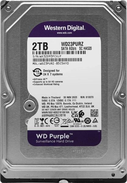 Жесткий диск WD SATA-III 2TB WD23PURZ Surveillance Purple (5400rpm) 256Mb 3.5"